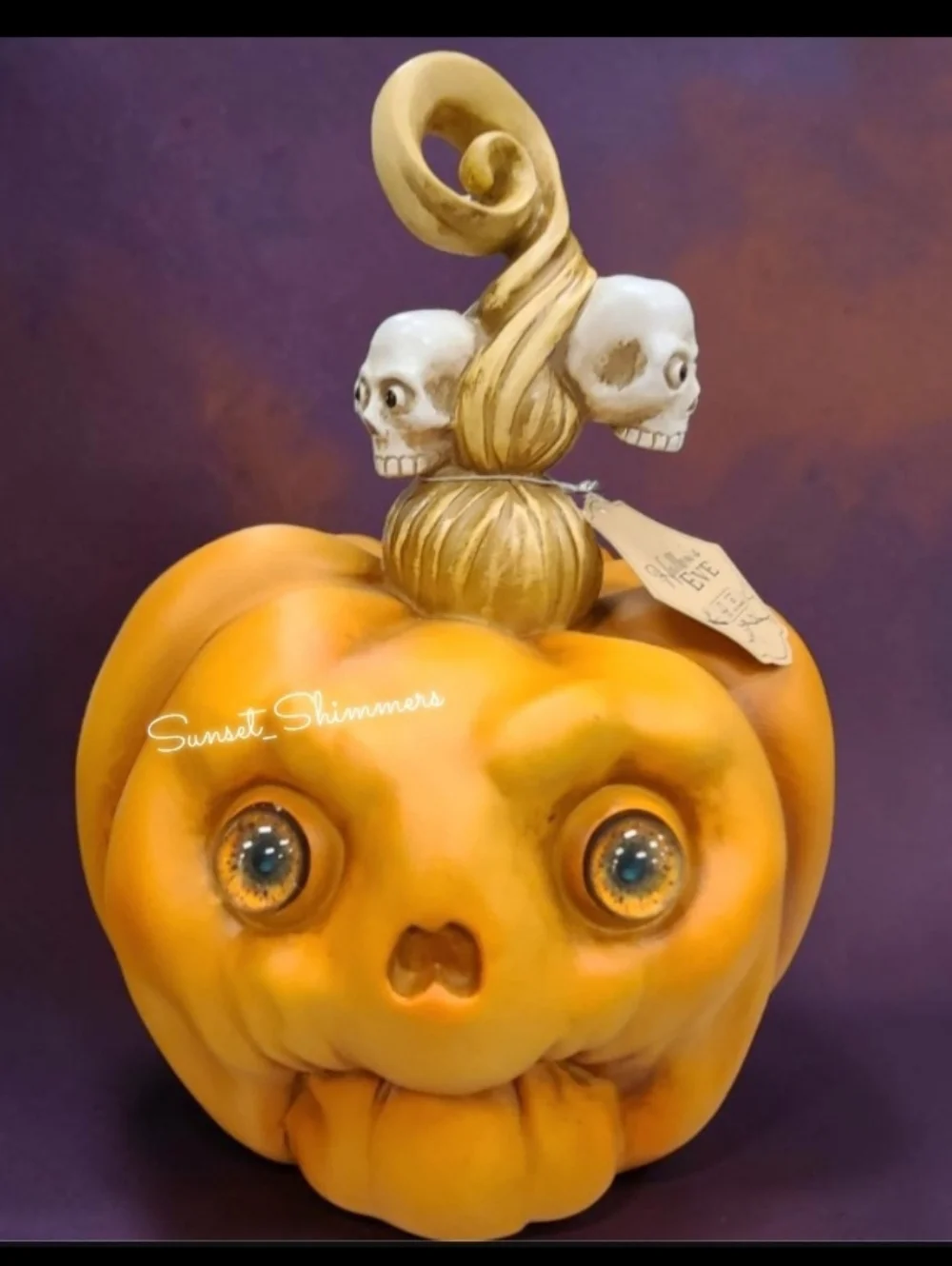 14" Primitive Skull Face Jack O Lantern Pumpkin Figure Realistic 3D Eyes New - Picture 8 of 8